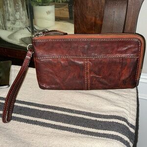 Frye Veronica Leather Double Wallet Wristlet Cognac Brown Retail $198